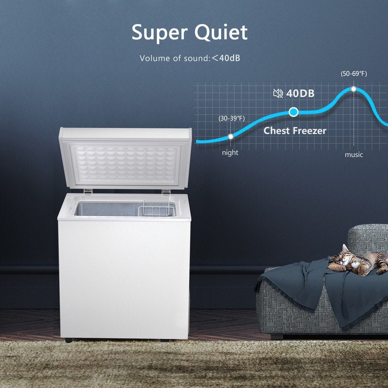 Congélateur à coffre de 1,8 pi3 avec panier amovible, drain inférieur, thermostat à 7 niveaux, design indépendant pour maison et appartement.