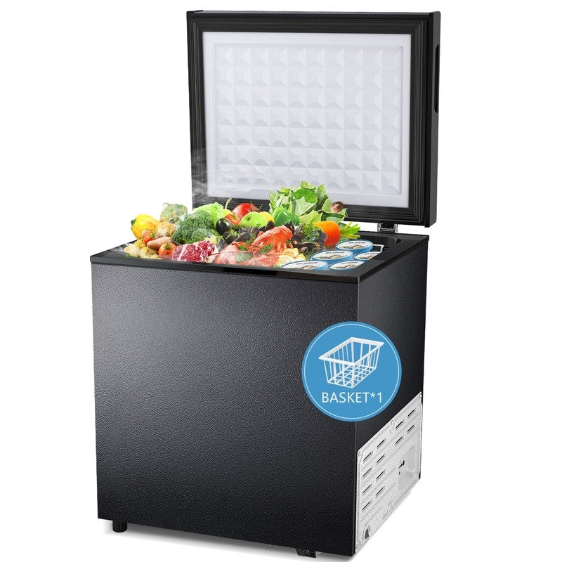 Congélateur à coffre de 1,8 pi3 avec panier amovible, drain inférieur, thermostat à 7 niveaux, design indépendant pour maison et appartement.