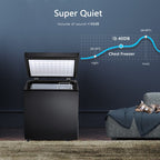 Congélateur à coffre de 1,8 pi3 avec panier amovible, drain inférieur, thermostat à 7 niveaux, design indépendant pour maison et appartement.