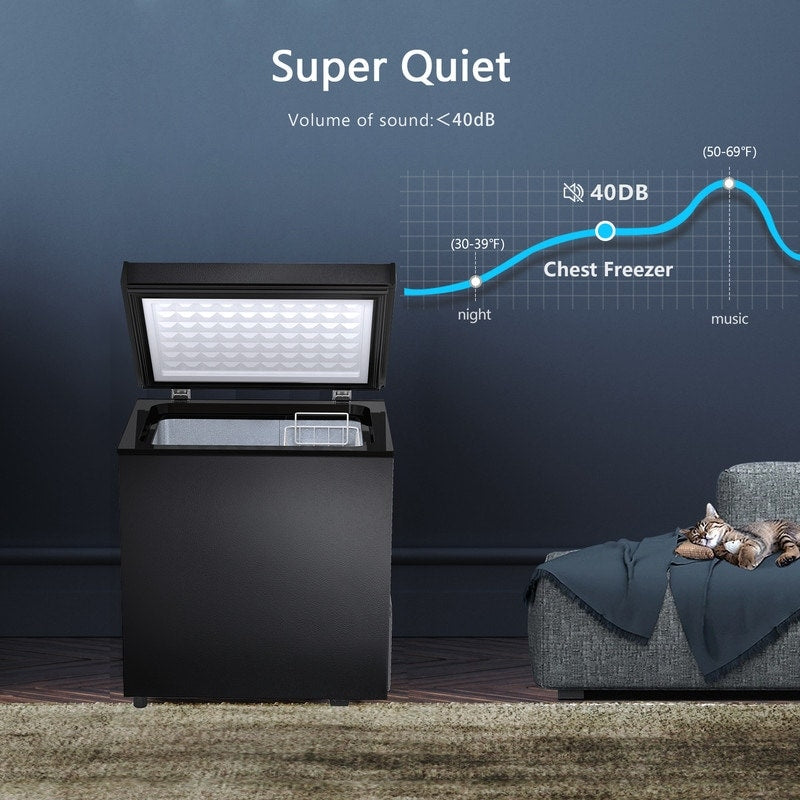 Congélateur à coffre de 1,8 pi3 avec panier amovible, drain inférieur, thermostat à 7 niveaux, design indépendant pour maison et appartement.
