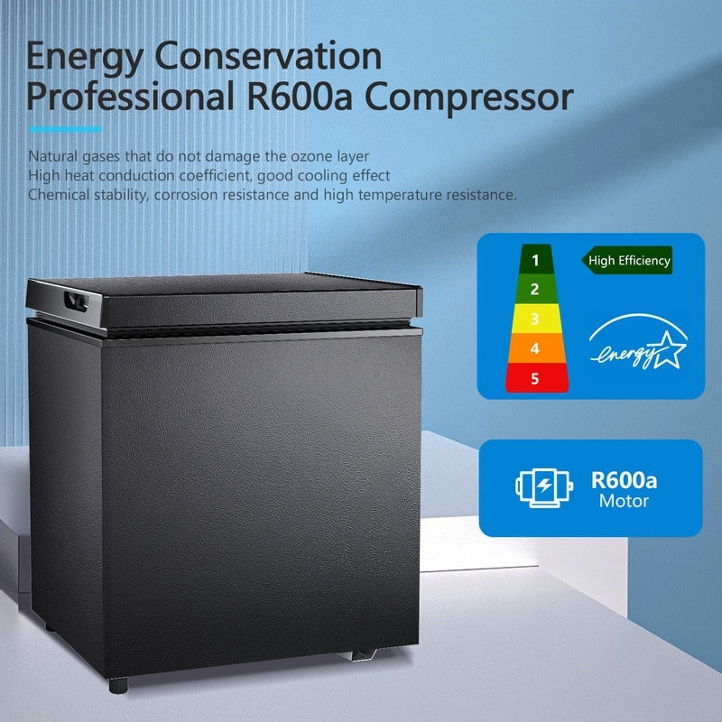 Congélateur à coffre de 1,8 pi3 avec panier amovible, drain inférieur, thermostat à 7 niveaux, design indépendant pour maison et appartement.