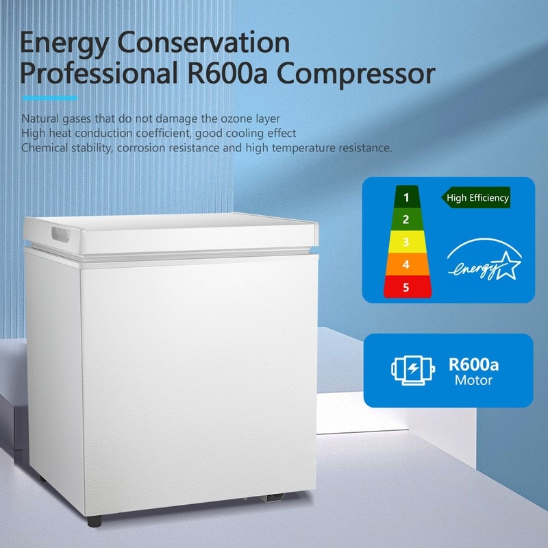 Congélateur à coffre de 1,8 pi3 avec panier amovible, drain inférieur, thermostat à 7 niveaux, design indépendant pour maison et appartement.