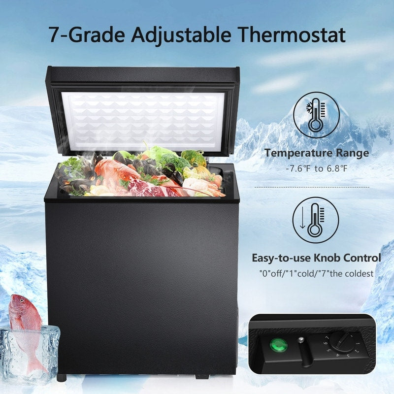 Congélateur à coffre de 1,8 pi3 avec panier amovible, drain inférieur, thermostat à 7 niveaux, design indépendant pour maison et appartement.