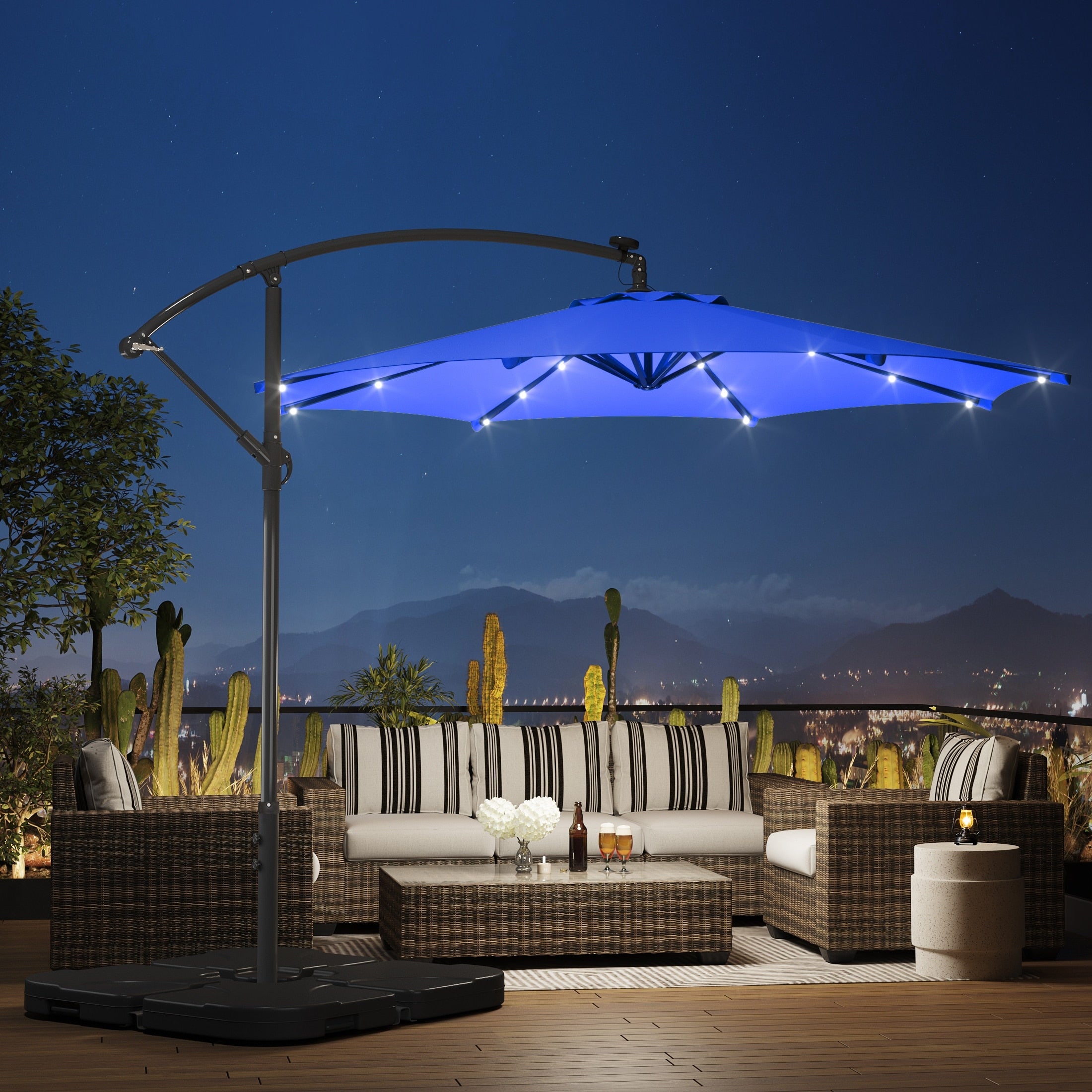 Parasol de terrasse à éclairage solaire de 3 mètres avec pied de support.