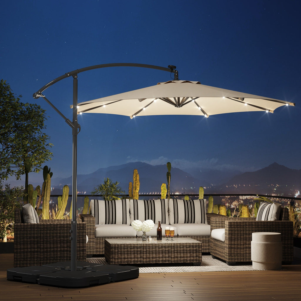 Parasol de terrasse à éclairage solaire de 3 mètres avec pied de support.