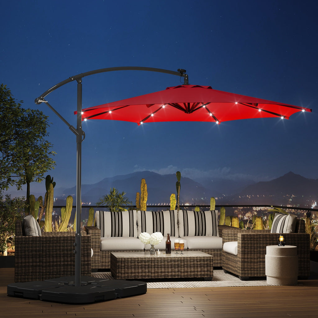 Parasol de terrasse à éclairage solaire de 3 mètres avec pied de support.
