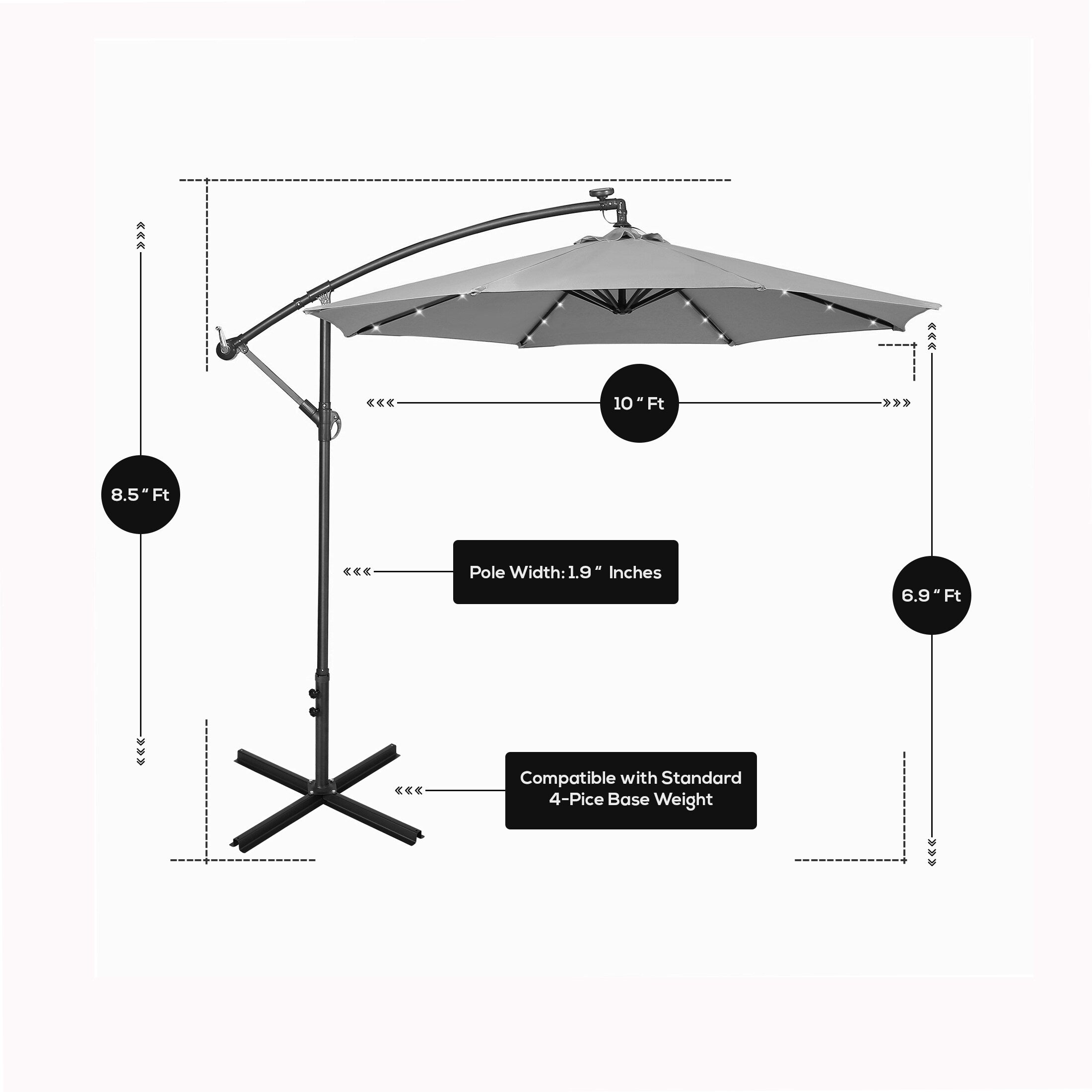 Parasol de terrasse à éclairage solaire de 3 mètres avec pied de support.