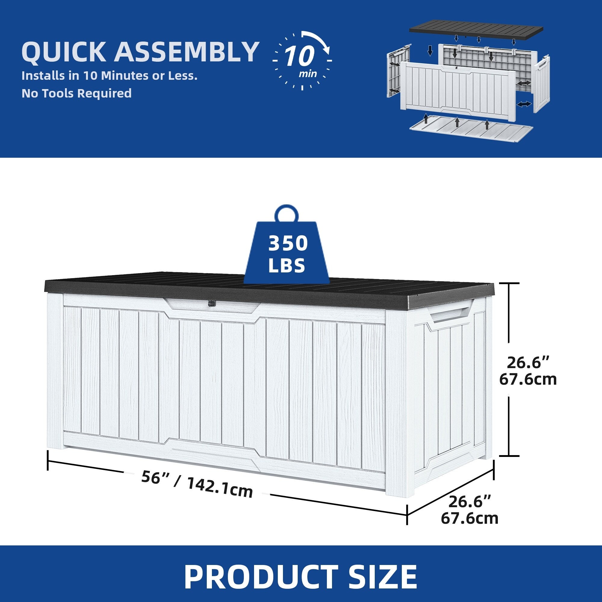 Grand coffre de rangement en résine résistant à l'eau, verrouillable, 120 à 260 gallons