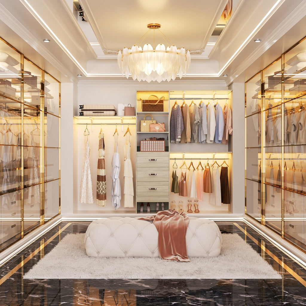 Rackcog Organisateur de placard réglable de 305 cm avec tiroirs, système de rangement avec étagères personnalisables pour placard à l'ancienne et placard aménagé.