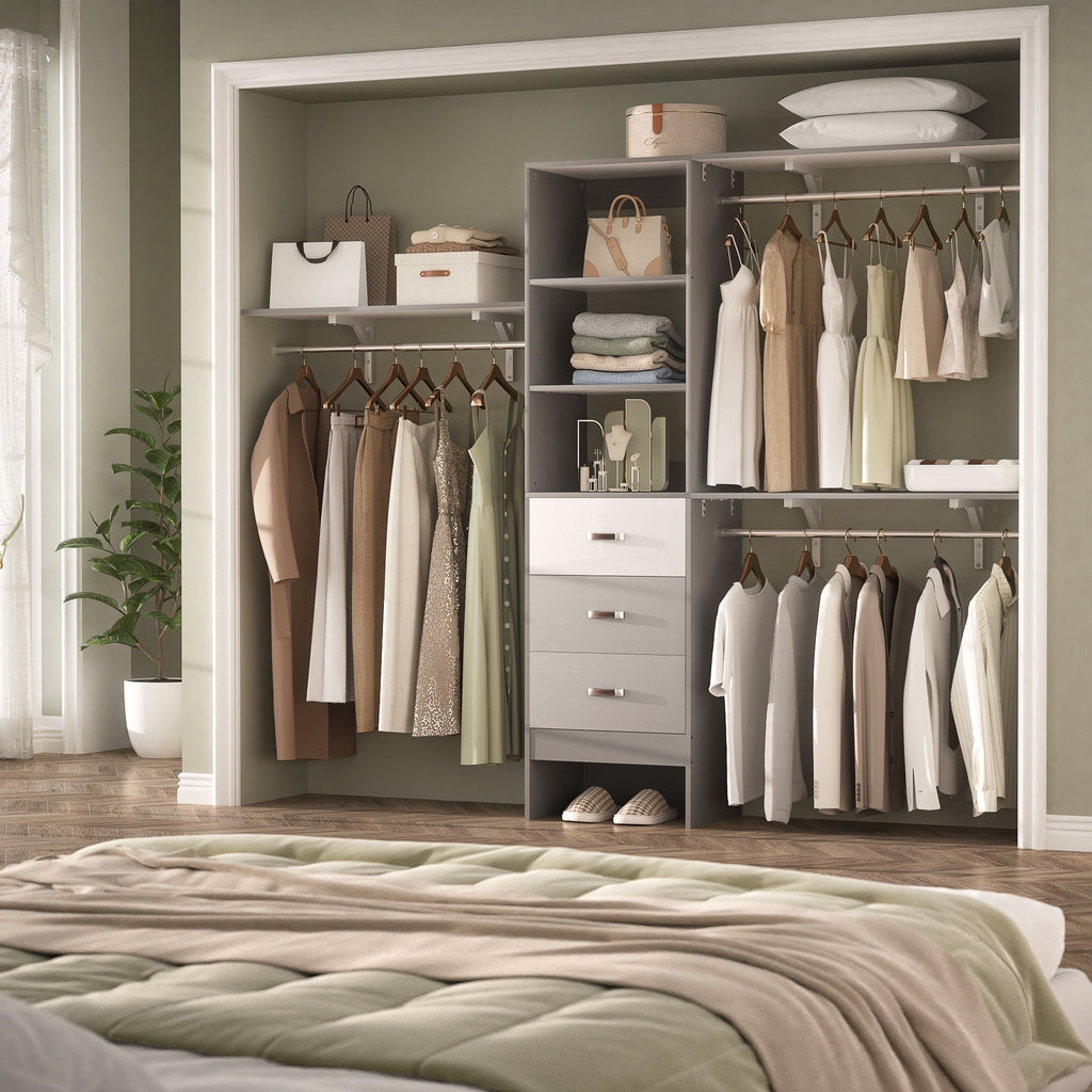 Rackcog Organisateur de placard réglable de 305 cm avec tiroirs, système de rangement avec étagères personnalisables pour placard à l'ancienne et placard aménagé.