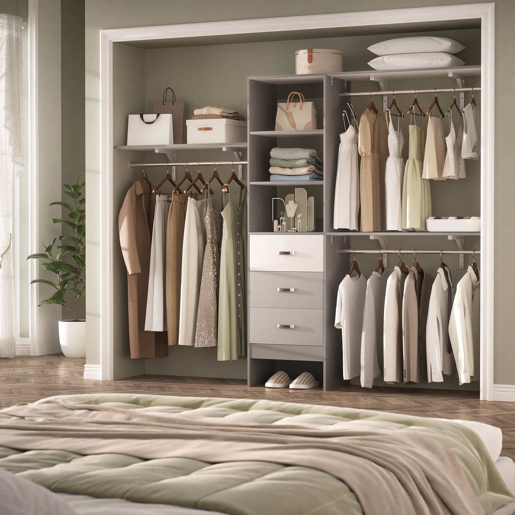 Rackcog Organisateur de placard réglable de 305 cm avec tiroirs, système de rangement avec étagères personnalisables pour placard à l'ancienne et placard aménagé.