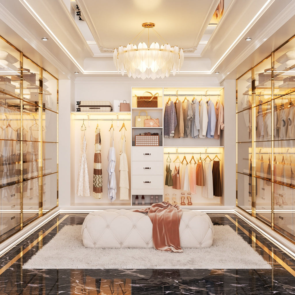 Rackcog Organisateur de placard réglable de 305 cm avec tiroirs, système de rangement avec étagères personnalisables pour placard à l'ancienne et placard aménagé.