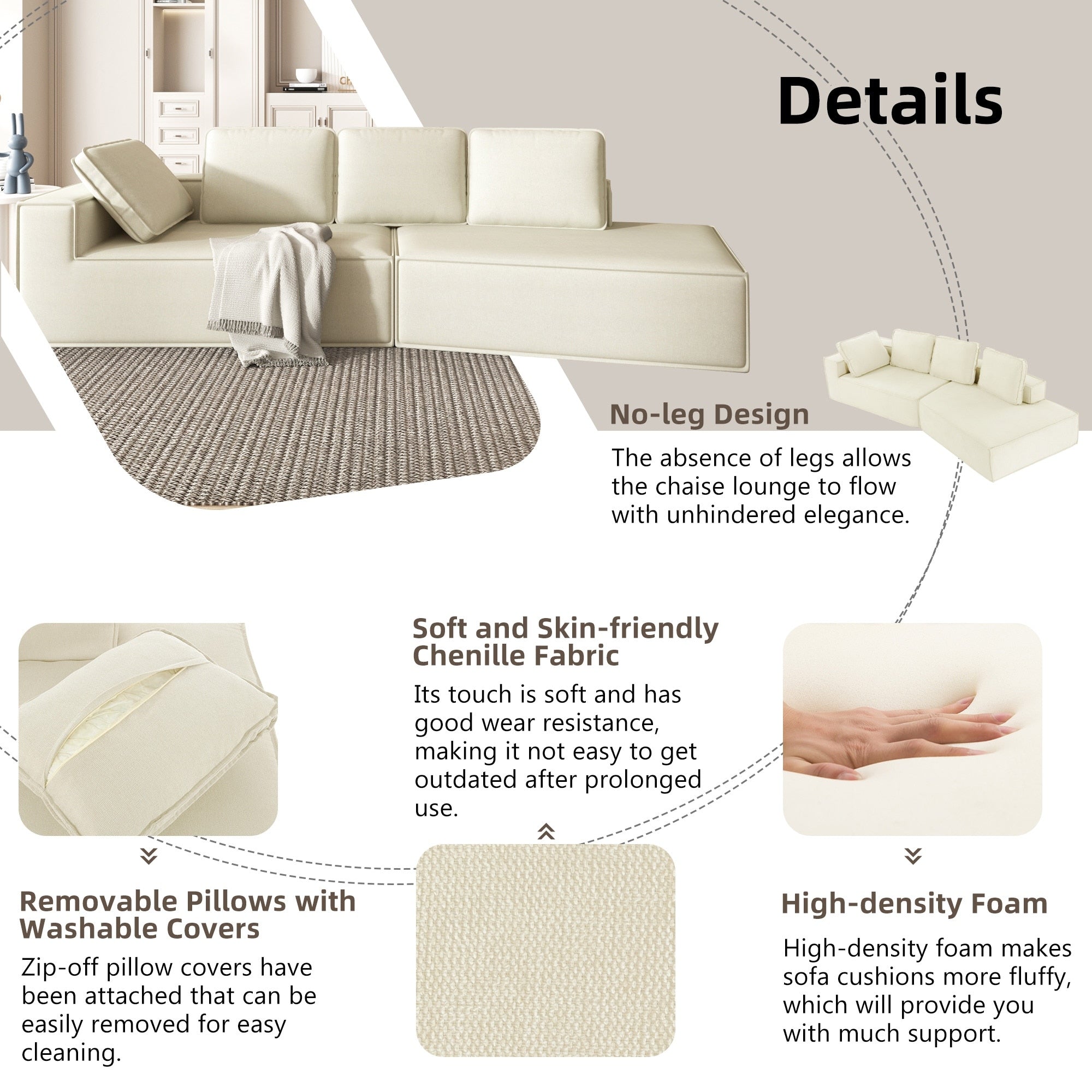 125 Chaise longue élégante, canapé-lit moderne pour intérieur, avec des lignes épurées pour le salon, beige.