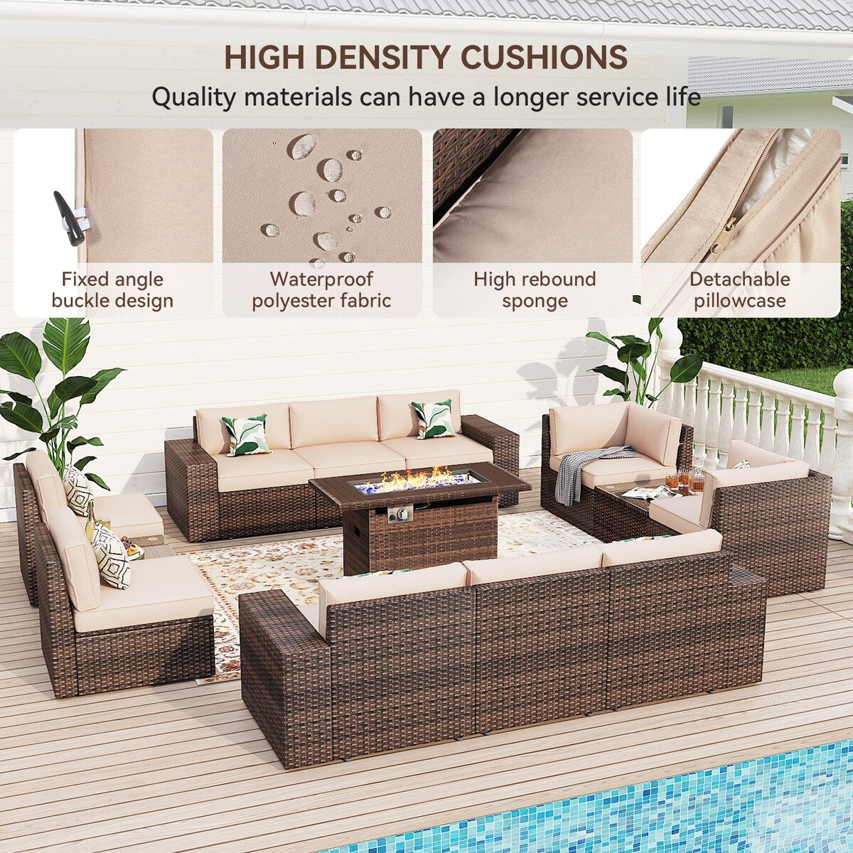 Ensemble de mobilier de patio 13 pièces avec table de foyer de 44 pouces