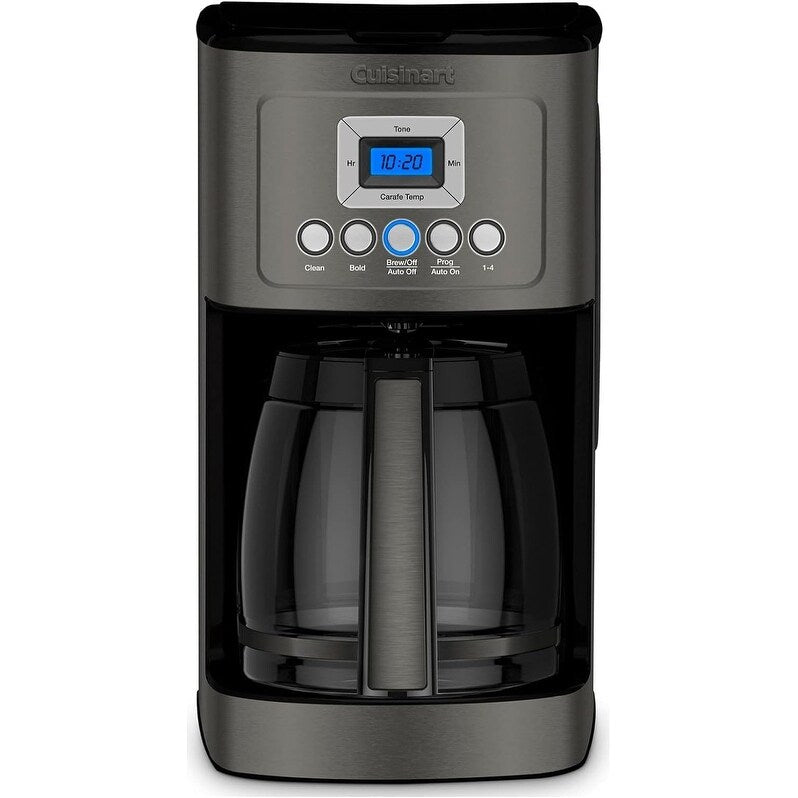 Cafetière programmable 14 tasses, carafe en verre, contrôle de la force du café, réglage 1-4 tasses, acier inoxydable noir.