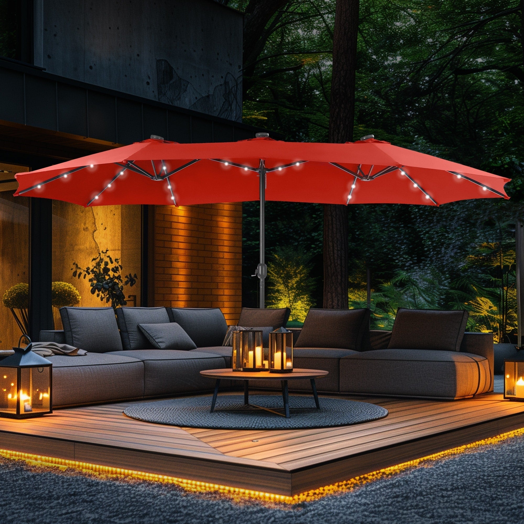 Parasol de terrasse rectangulaire de 4,5 mètres à manivelle, double face, pour extérieur, avec éclairage solaire LED et base incluse.