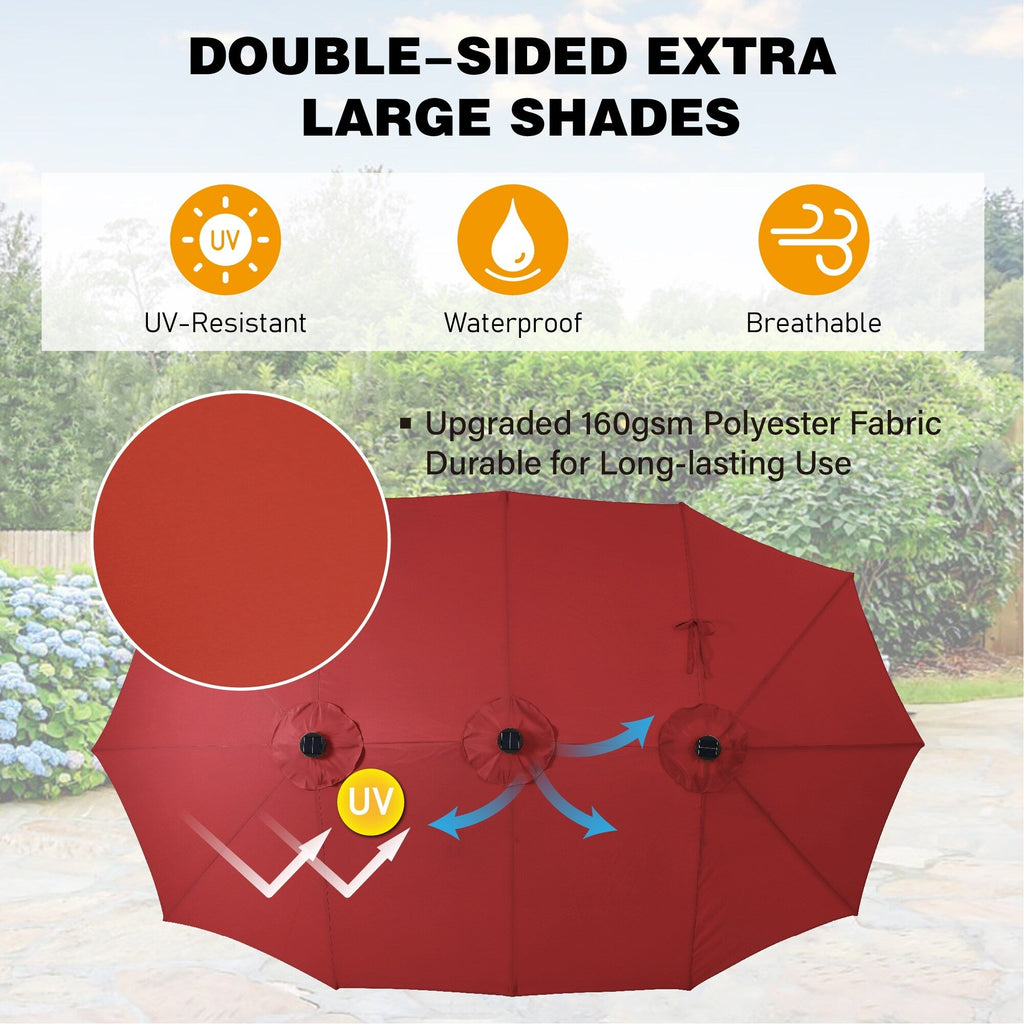 Parasol de terrasse rectangulaire de 4,5 mètres à manivelle, double face, pour extérieur, avec éclairage solaire LED et base incluse.