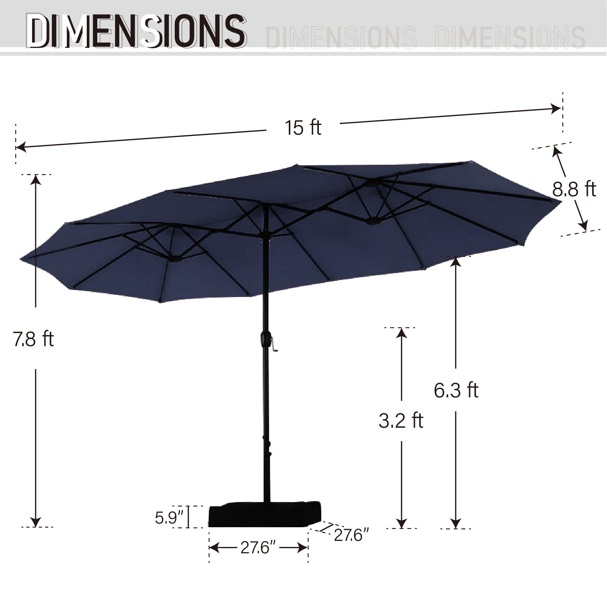 Parasol de terrasse rectangulaire de 4,5 mètres à manivelle, double face, pour extérieur, avec éclairage solaire LED et base incluse.