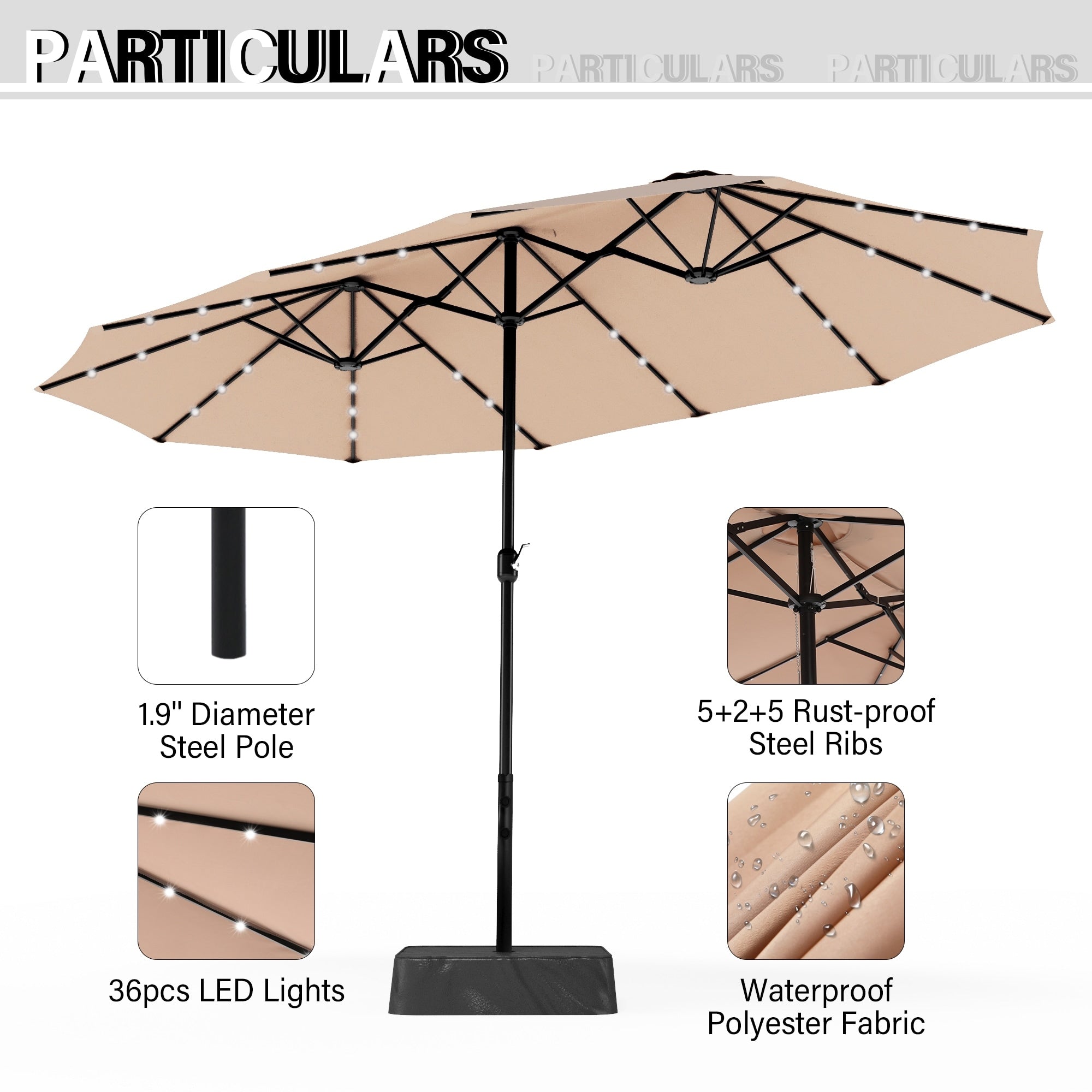 Parasol de terrasse rectangulaire de 4,5 mètres à manivelle, double face, pour extérieur, avec éclairage solaire LED et base incluse.