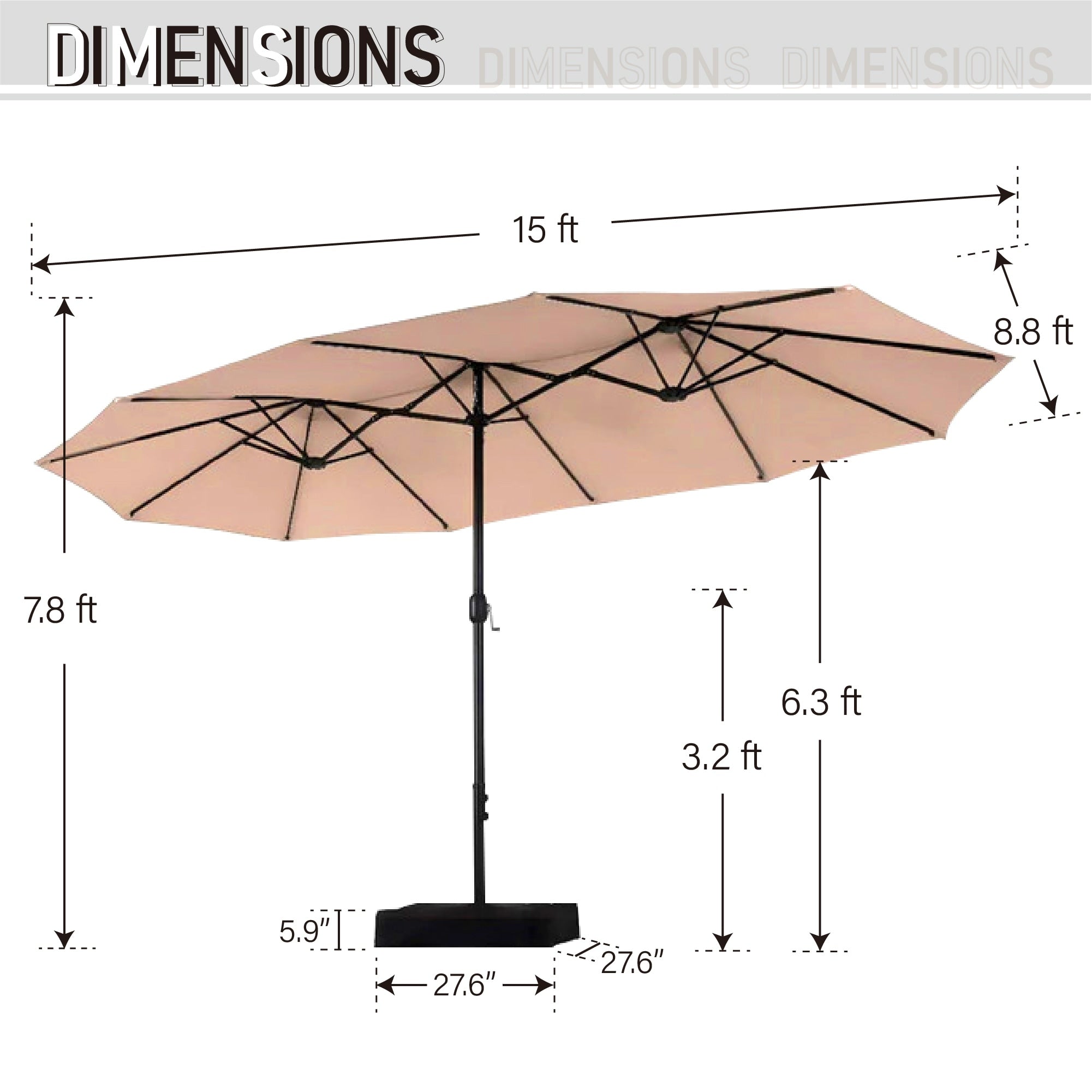 Parasol de terrasse rectangulaire de 4,5 mètres à manivelle, double face, pour extérieur, avec éclairage solaire LED et base incluse.