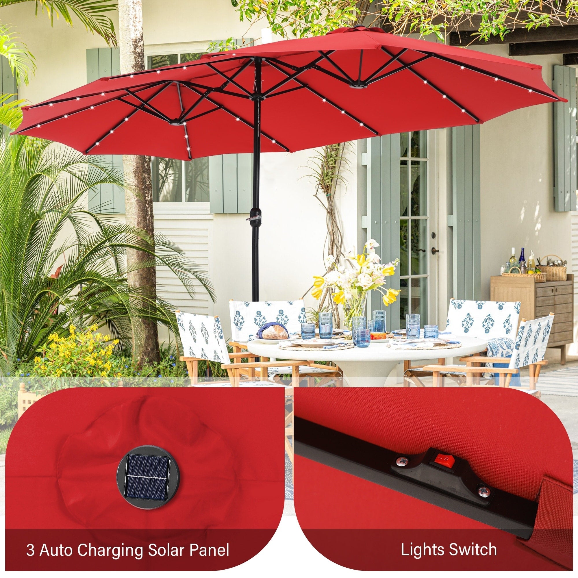 Parasol de terrasse rectangulaire de 4,5 mètres à manivelle, double face, pour extérieur, avec éclairage solaire LED et base incluse.