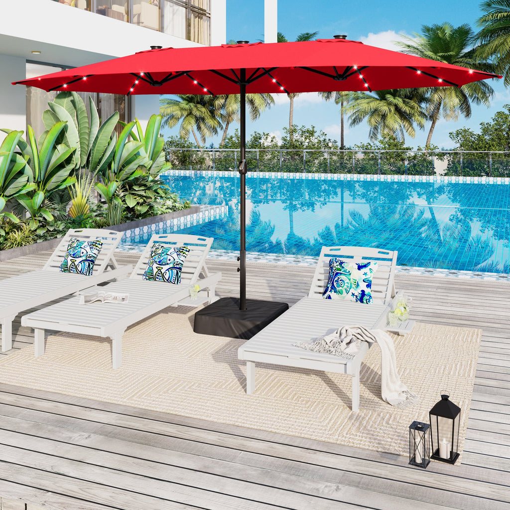 Parasol de terrasse rectangulaire de 4,5 mètres à manivelle, double face, pour extérieur, avec éclairage solaire LED et base incluse.