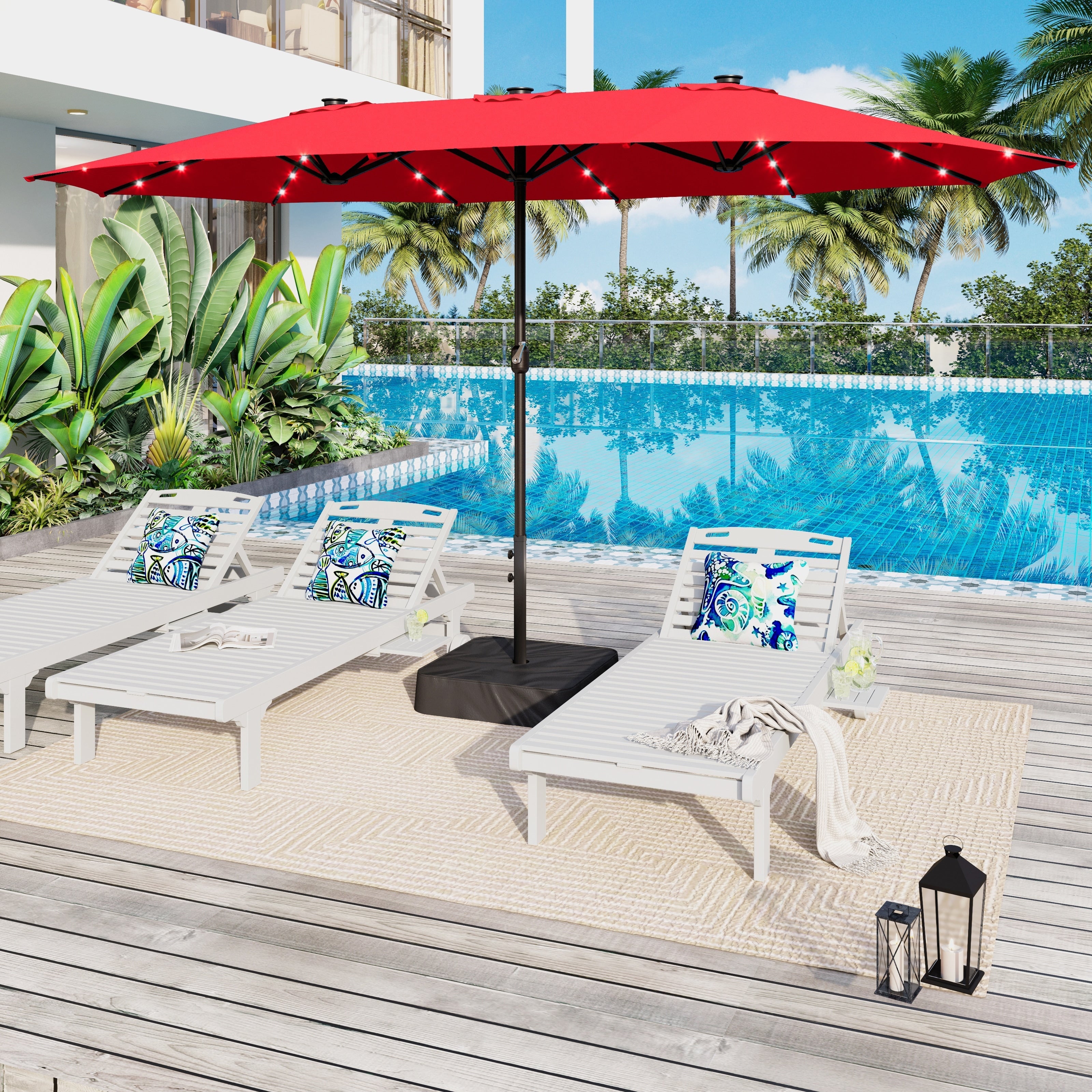 Parasol de terrasse rectangulaire de 4,5 mètres à manivelle, double face, pour extérieur, avec éclairage solaire LED et base incluse.