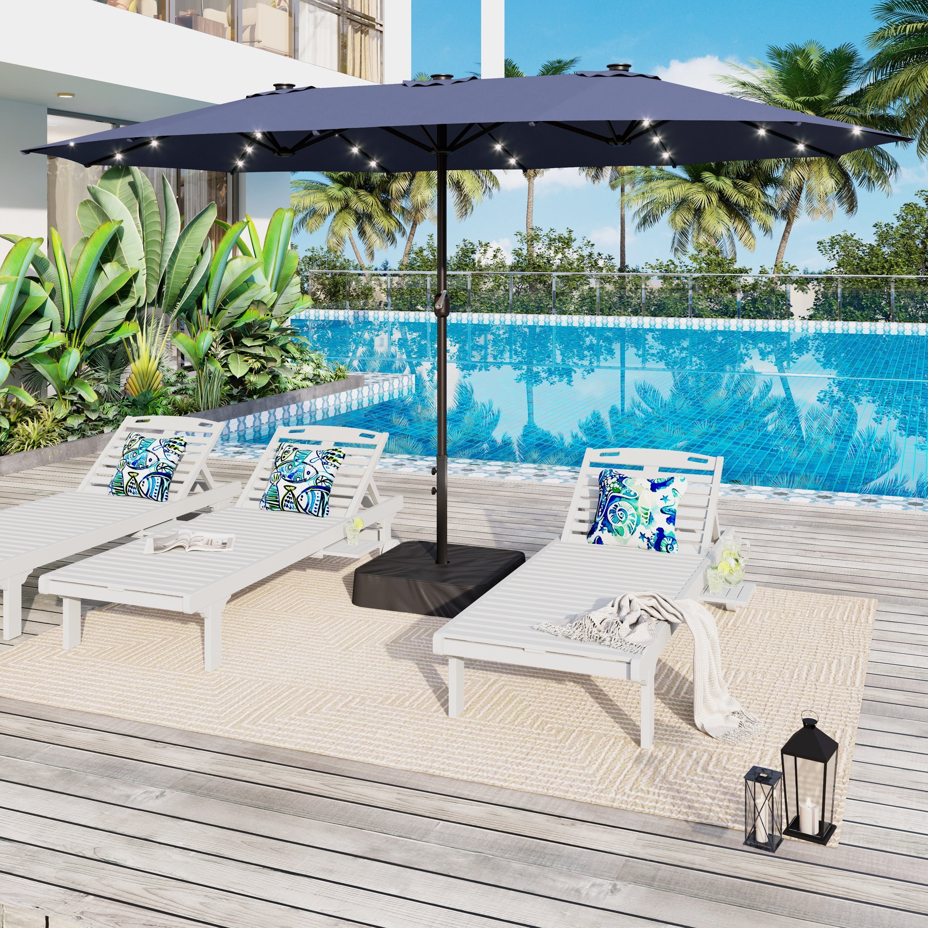 Parasol de terrasse rectangulaire de 4,5 mètres à manivelle, double face, pour extérieur, avec éclairage solaire LED et base incluse.