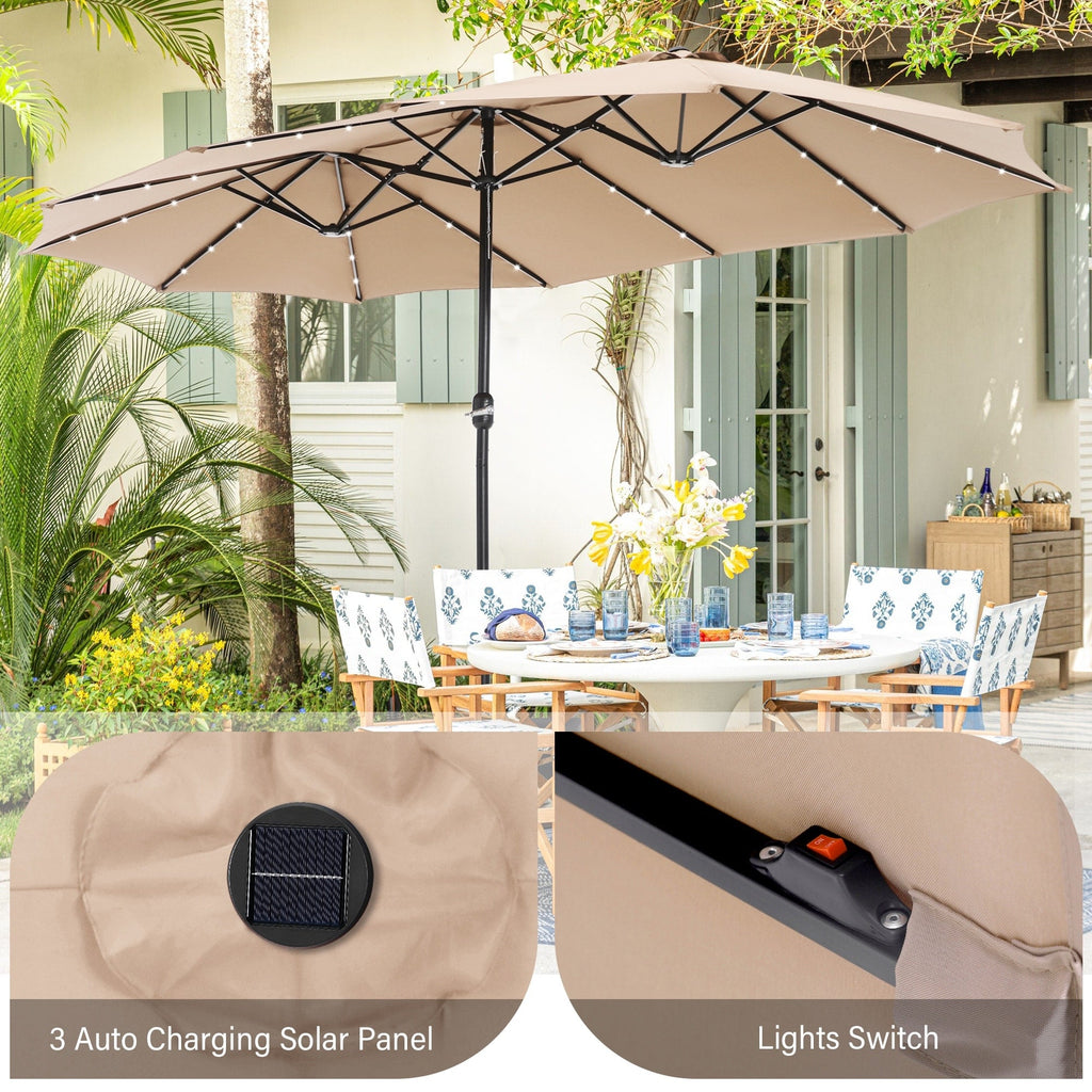 Parasol de terrasse rectangulaire de 4,5 mètres à manivelle, double face, pour extérieur, avec éclairage solaire LED et base incluse.