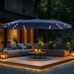 Parasol de terrasse rectangulaire de 4,5 mètres à manivelle, double face, pour extérieur, avec éclairage solaire LED et base incluse.