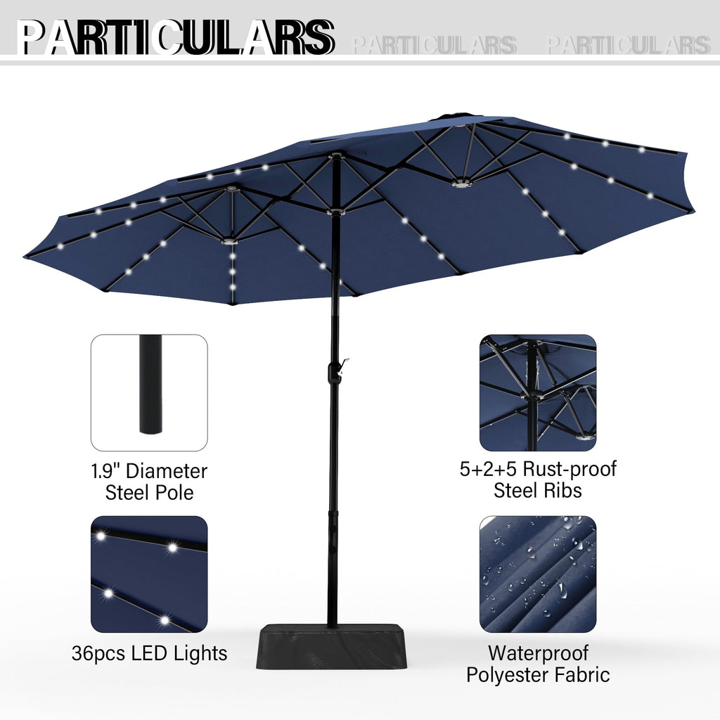 Parasol de terrasse rectangulaire de 4,5 mètres à manivelle, double face, pour extérieur, avec éclairage solaire LED et base incluse.