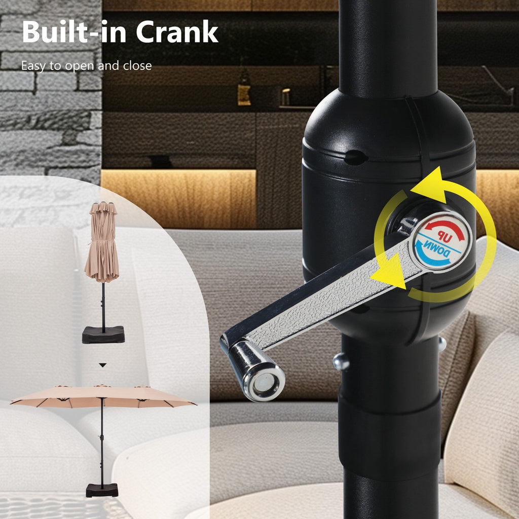 Parasol de terrasse rectangulaire de 4,5 mètres à manivelle, double face, pour extérieur, avec éclairage solaire LED et base incluse.