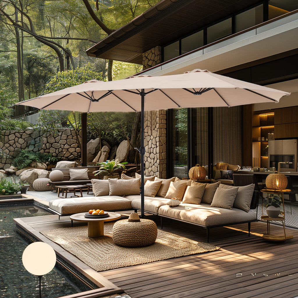 Parasol de terrasse rectangulaire de 4,5 mètres à manivelle, double face, pour extérieur, avec éclairage solaire LED et base incluse.