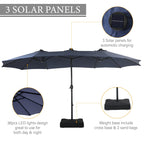 Parasol de terrasse rectangulaire de 4,5 mètres à manivelle, double face, pour extérieur, avec éclairage solaire LED et base incluse.