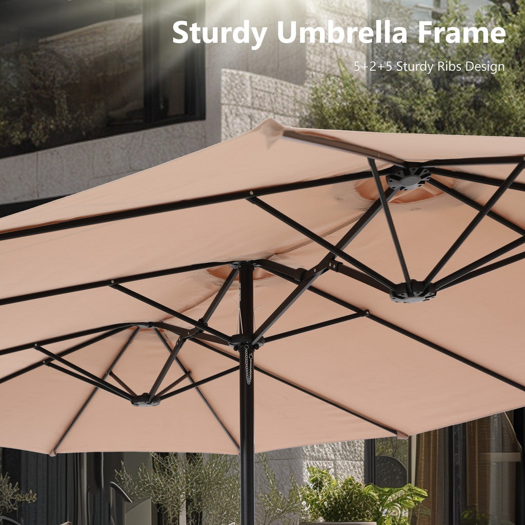Parasol de terrasse rectangulaire de 4,5 mètres à manivelle, double face, pour extérieur, avec éclairage solaire LED et base incluse.