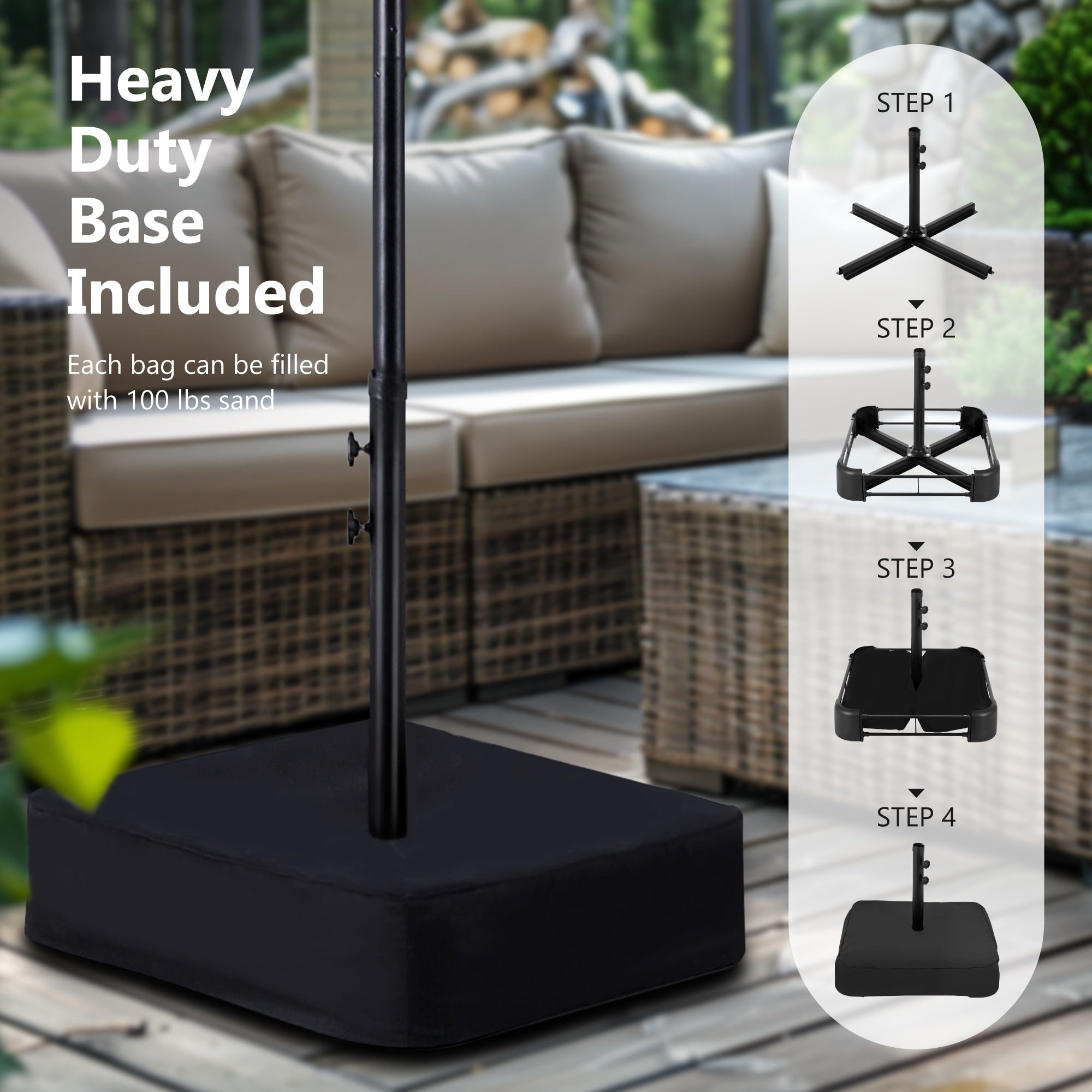 Parasol de terrasse rectangulaire de 4,5 mètres à manivelle, double face, pour extérieur, avec éclairage solaire LED et base incluse.