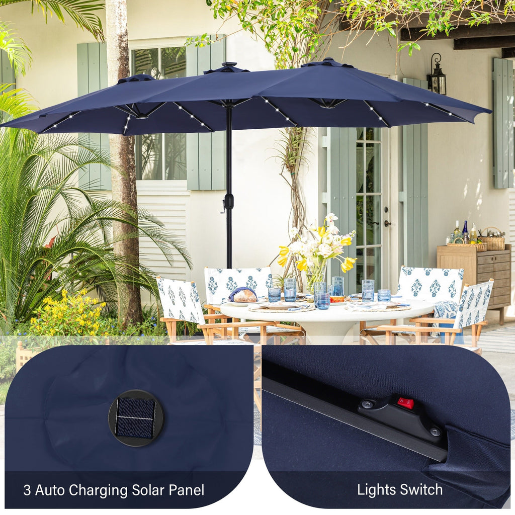 Parasol de terrasse rectangulaire de 4,5 mètres à manivelle, double face, pour extérieur, avec éclairage solaire LED et base incluse.