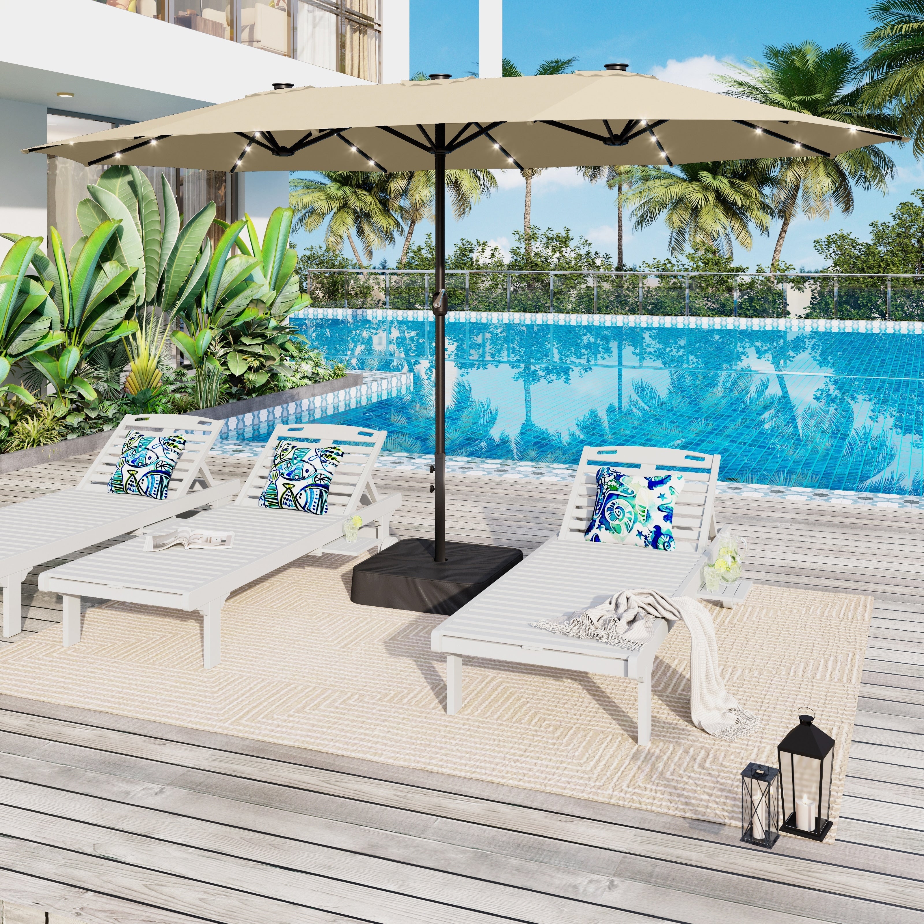 Parasol de terrasse rectangulaire de 4,5 mètres à manivelle, double face, pour extérieur, avec éclairage solaire LED et base incluse.