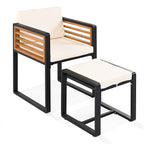 Ensemble de salle à manger de patio en bois d'acacia 18 pièces, comprenant 8 chaises rembourrées, 8 poufs et 2 tables carrées