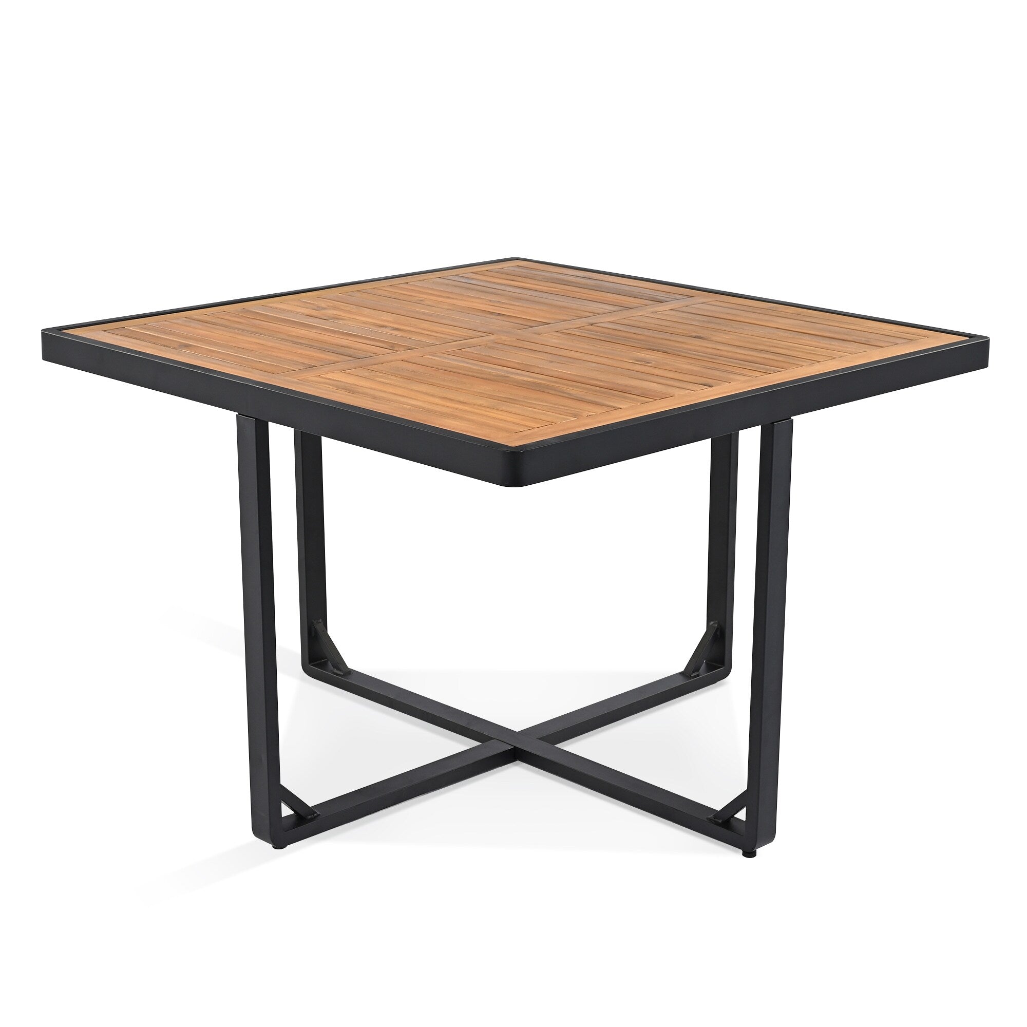 Ensemble de salle à manger de patio en bois d'acacia 18 pièces, comprenant 8 chaises rembourrées, 8 poufs et 2 tables carrées