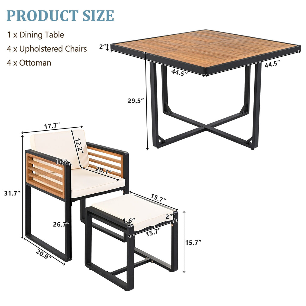 Ensemble de salle à manger de patio en bois d'acacia 18 pièces, comprenant 8 chaises rembourrées, 8 poufs et 2 tables carrées