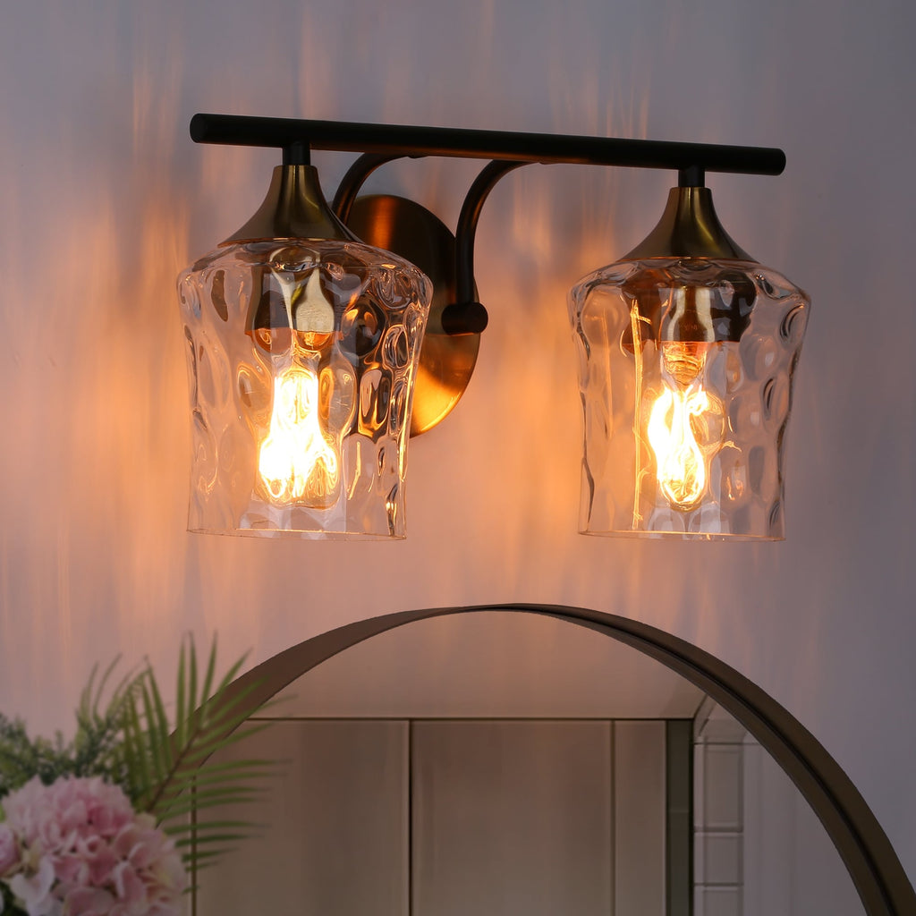 Applique murale moderne pour salle de bain, 2/3/4 lumières, or et noir, avec verre martelé.