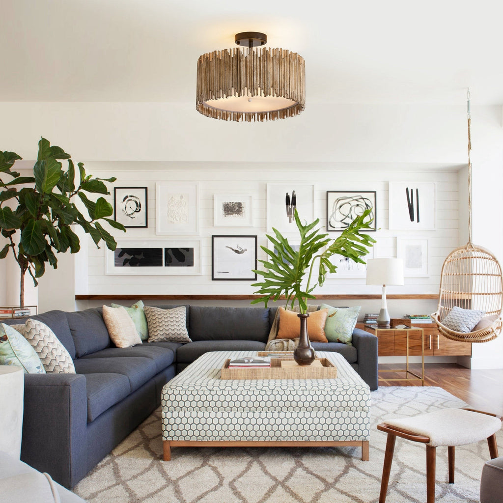 Suspension à 3 lumières en bois blanc vieilli, style tambour, à fixer au plafond