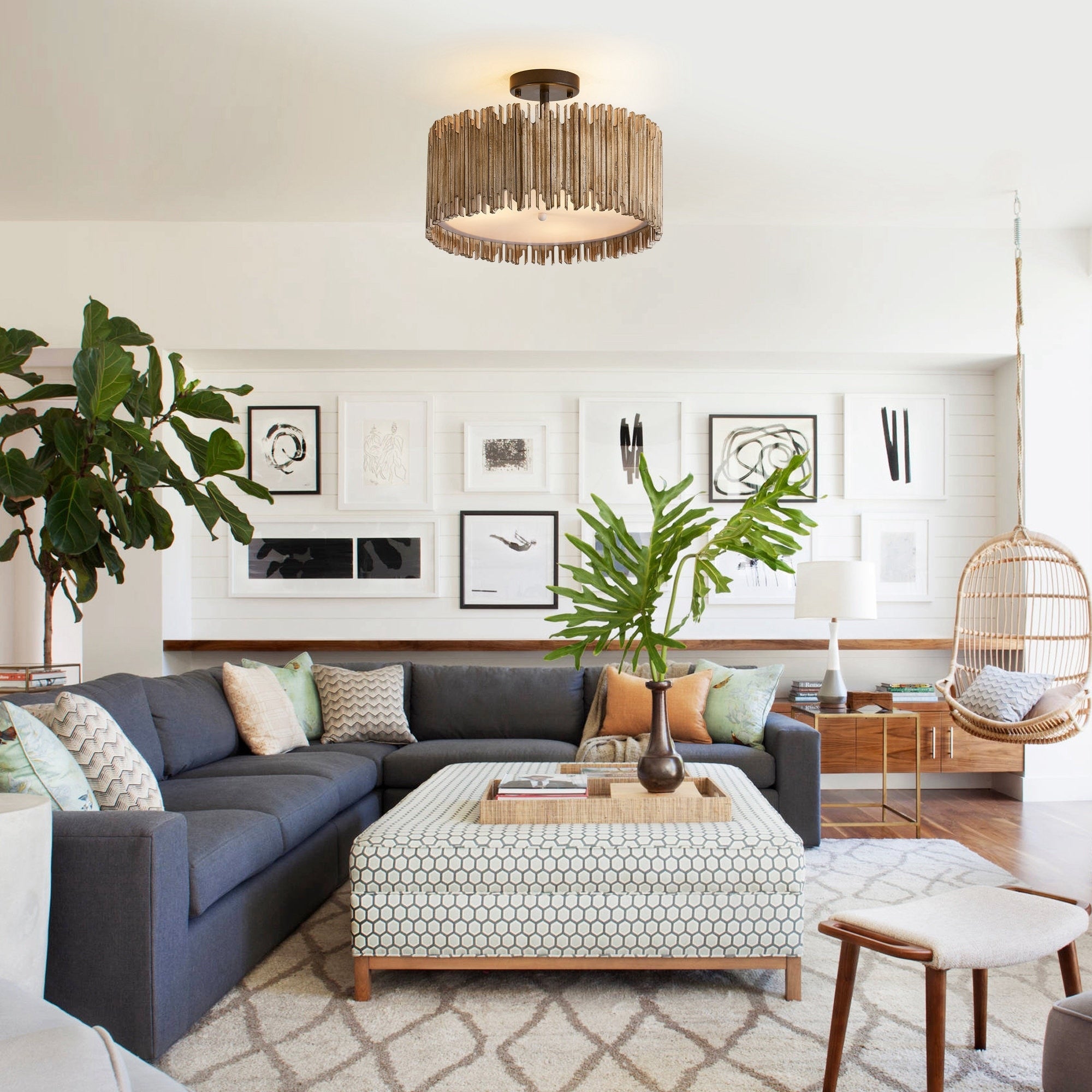 Suspension à 3 lumières en bois blanc vieilli, style tambour, à fixer au plafond