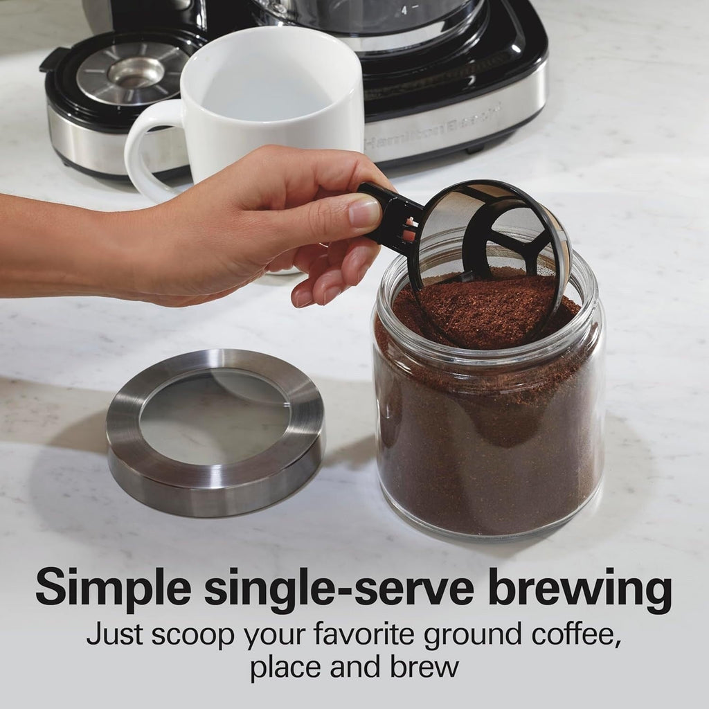 Machine à café 2 en 1, 12 tasses ou portion individuelle, carafe en verre, pause et service automatiques, noir