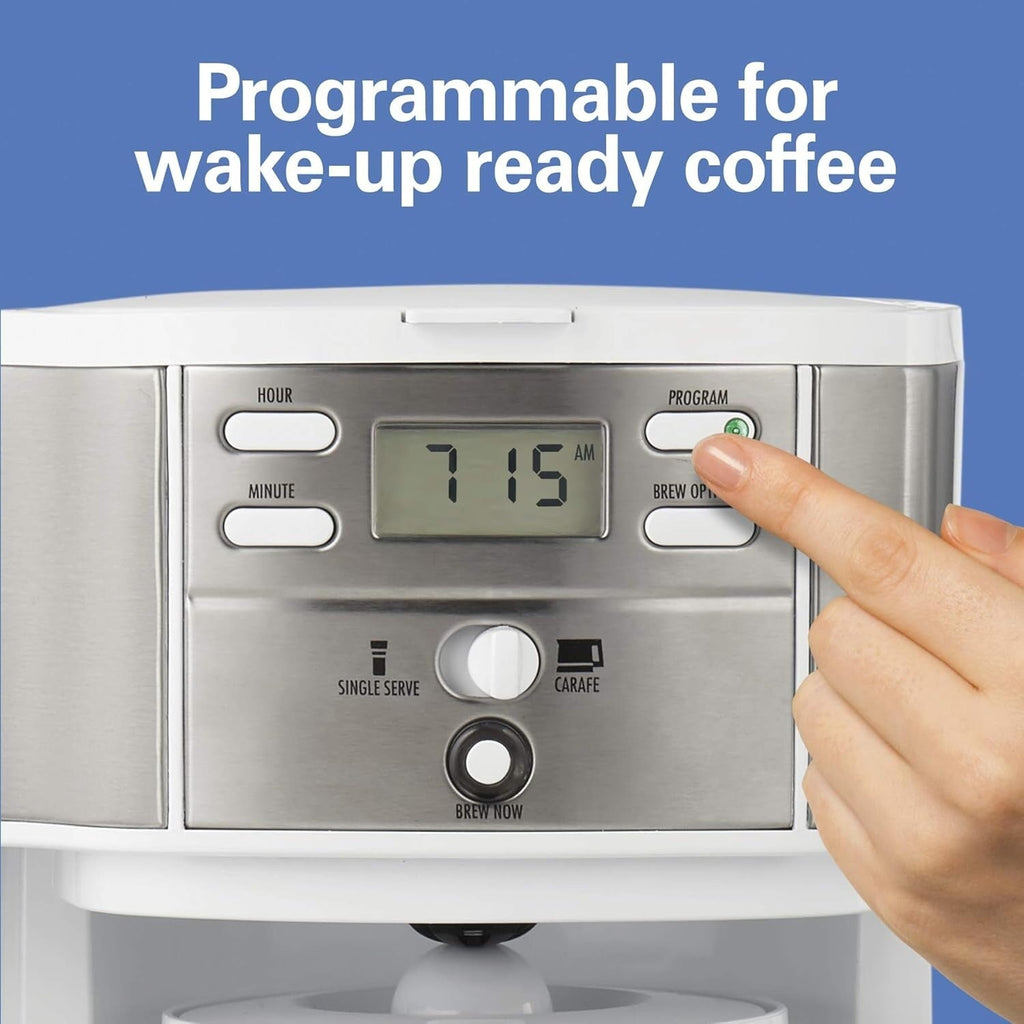 Machine à café 2 en 1, 12 tasses ou portion individuelle, carafe en verre, pause et service automatiques, blanc