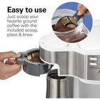 Machine à café 2 en 1, 12 tasses ou portion individuelle, carafe en verre, pause et service automatiques, blanc