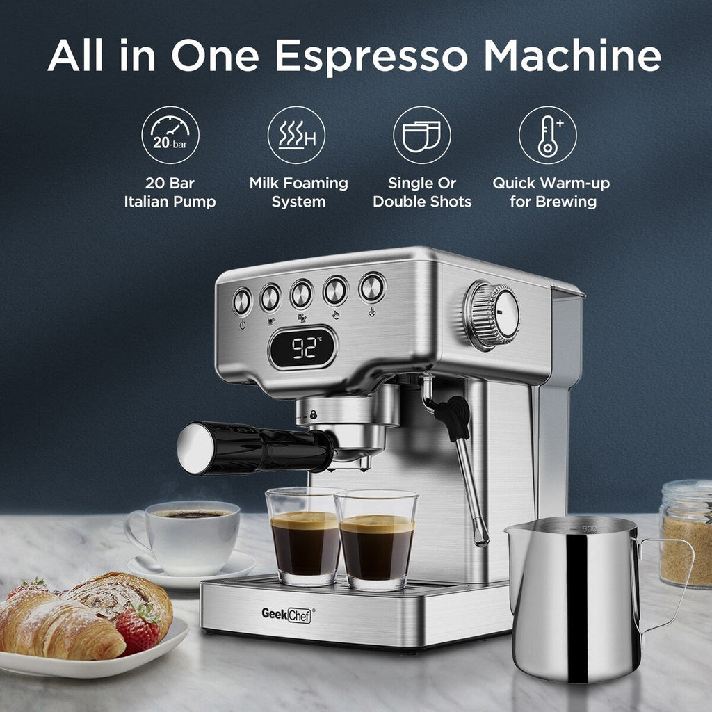 Machine à expresso semi-automatique en acier inoxydable argenté, 20 tasses, avec réservoir d'eau de 0,5 gallon.