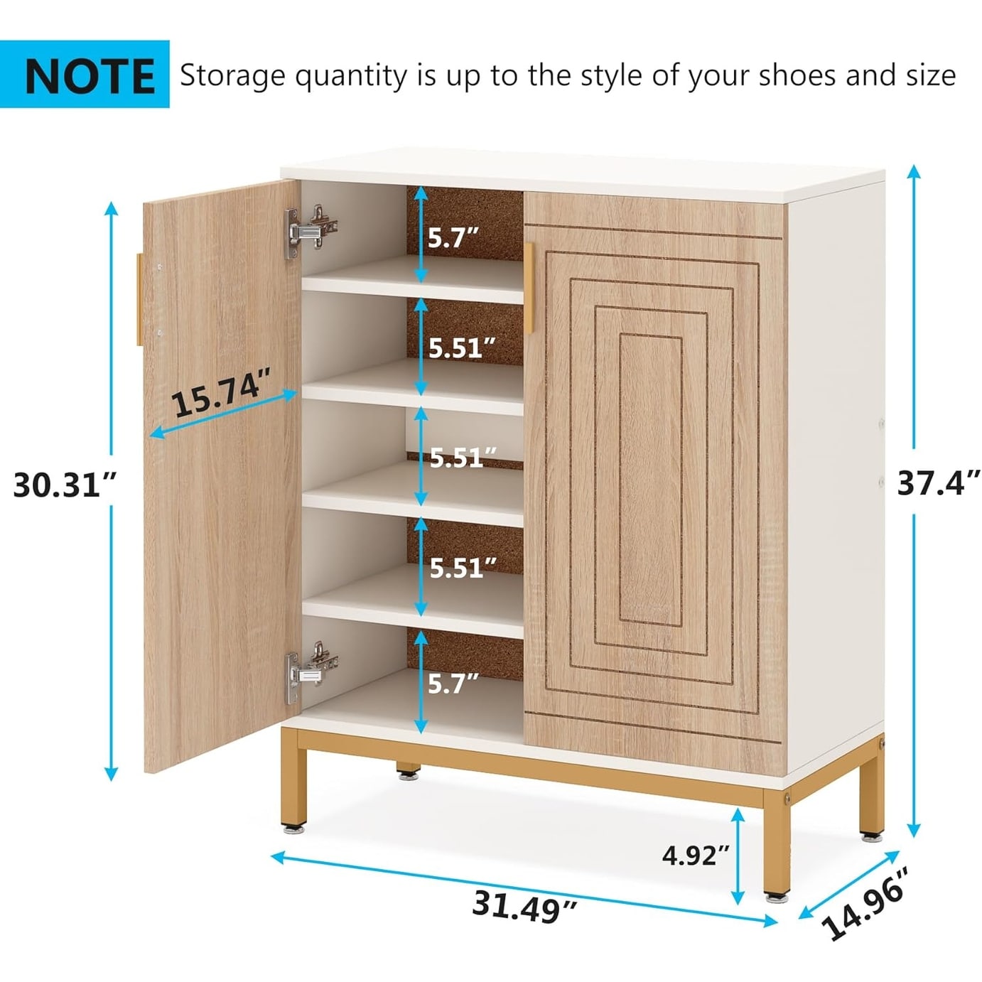 Meuble à chaussures pour 20 paires, meuble de rangement moderne de 95 cm avec portes, blanc et or.