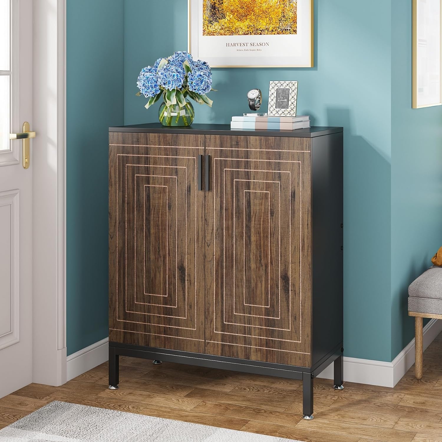 Meuble à chaussures pour 20 paires, meuble de rangement moderne de 95 cm avec portes, blanc et or.